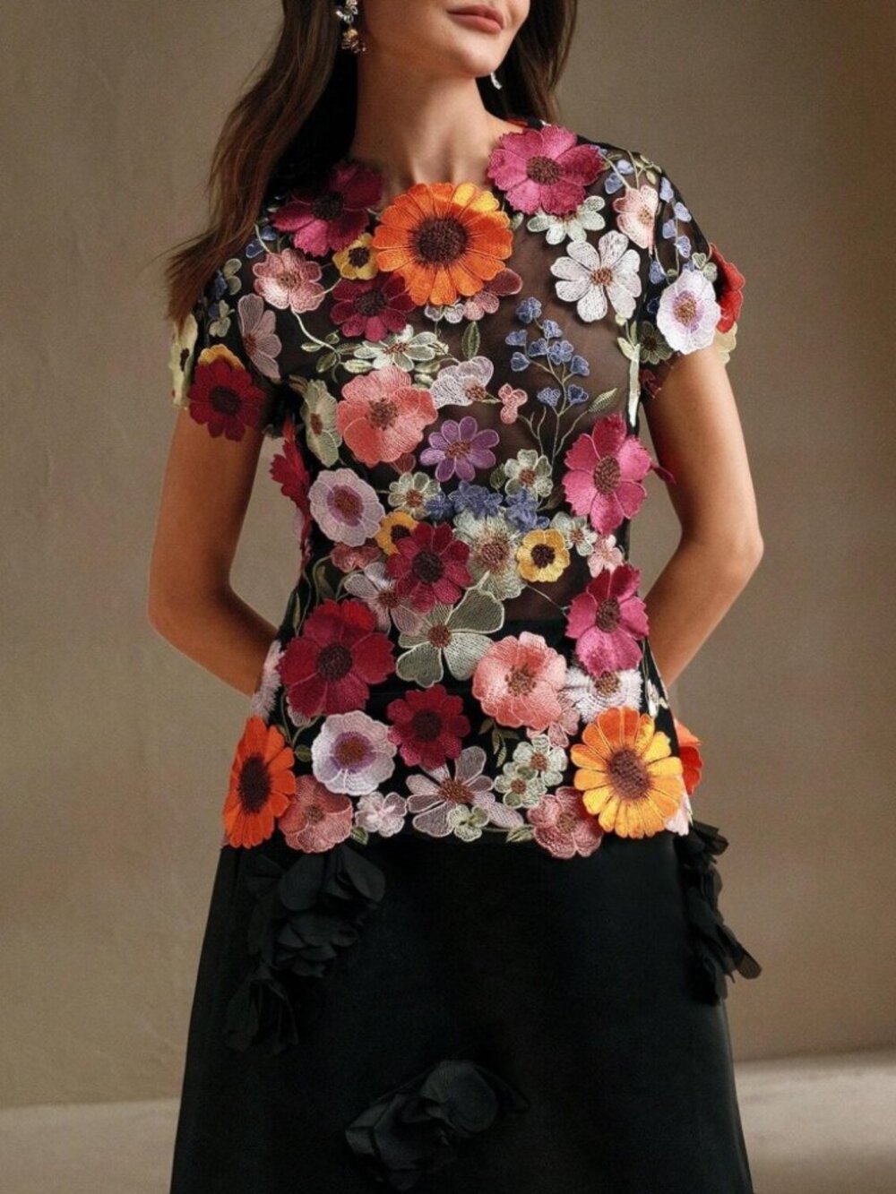 Black Mesh 3D Floral Embroidered Crop Top